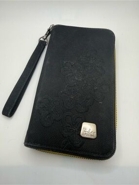 Haiku Black Floral Zip Wristlet Wallet with Gold Zipper